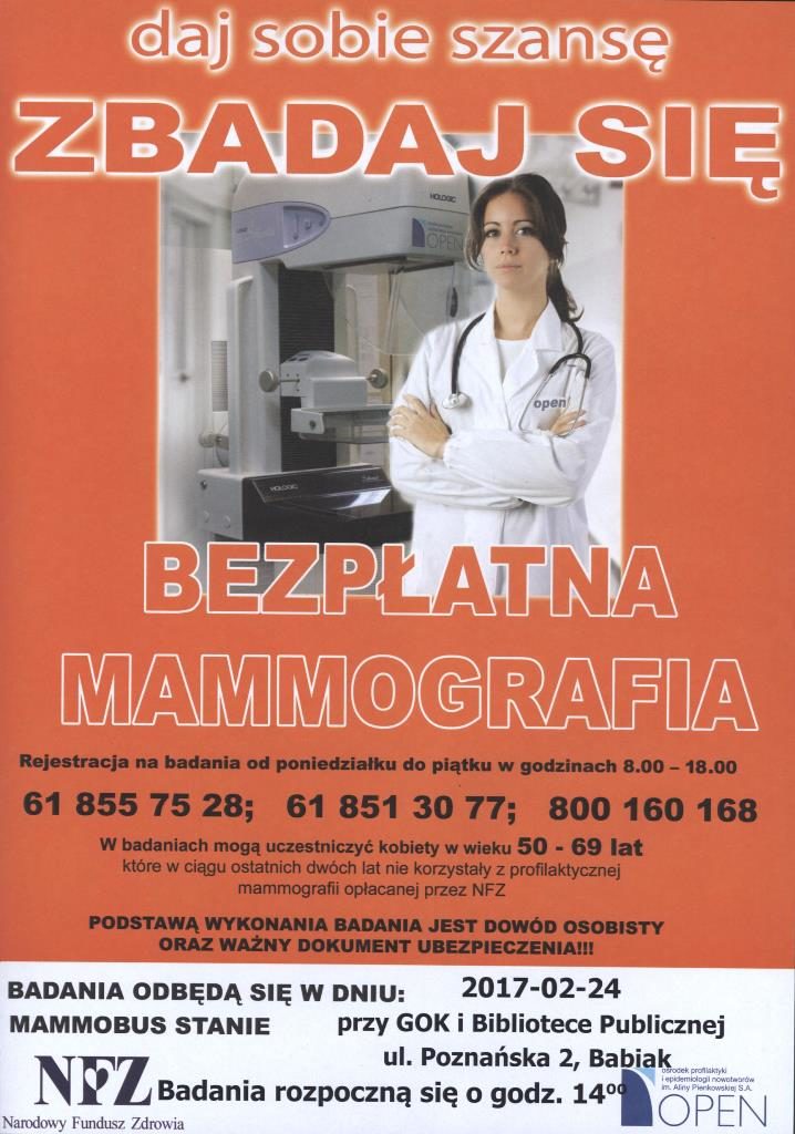 Bezpłatne badania mammograficzne, obok GOKiBP w Babiaku, rejsetracja pod nr: 618557528, 618513077, 800160168 