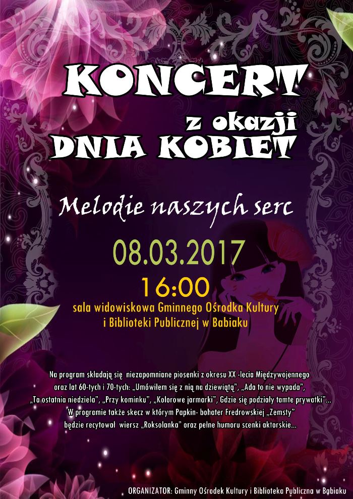 Dzień kobiet, GOKiBP w Babiaku zaprasza na godz. 16:00 08.03 na program artystyczny..
