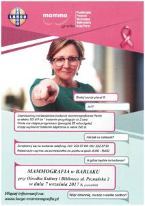 Badania mamograficzne przed GOKiBP w Babiaku, ul. Poznańska 2 w dniu 7 września 2017 roku . Rejestracja: tel. 612223700 lub 612223701 w godzinach 8-16. szczegóły na www.largo-mammografia.pl