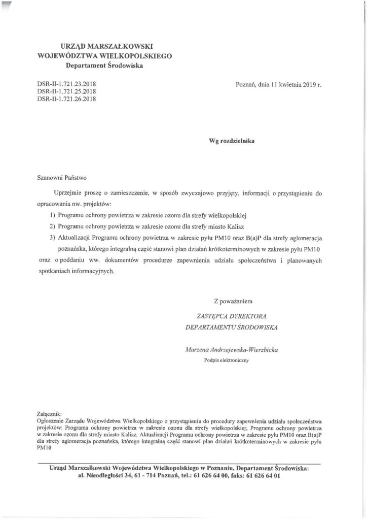 Pismo przewodnie UMWW w Poznaniu dotyczące programu ochrony powietrza.