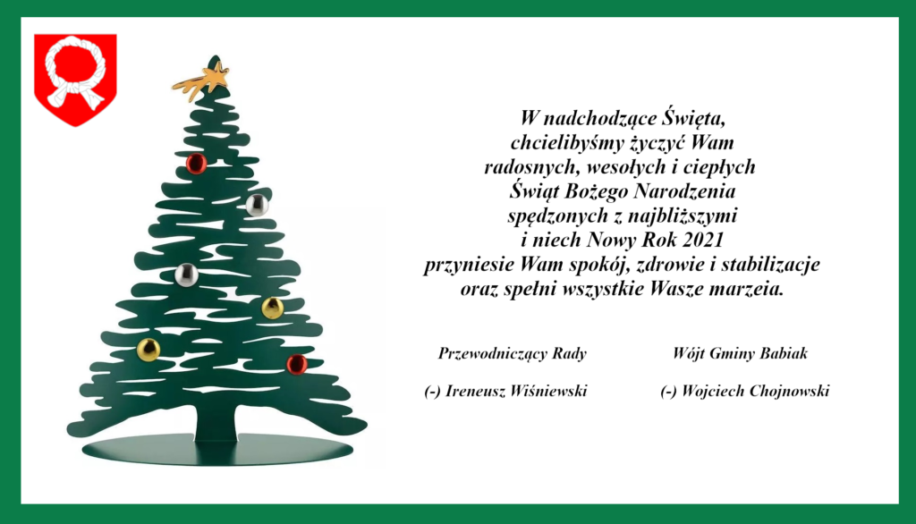 W nadchodzące Święta, chcielibyśmy życzyć Wam radosnych, wesołych i ciepłych  Świąt Bożego Narodzenia spędzonych z najbliższymi i niech Nowy Rok 2021 przyniesie Wam spokój, zdrowie i stabilizacje oraz spełni wszystkie Wasze marzenia. Przewodniczący Rady Ireneusz Wiśniewski, Wójt Wojciech Chojnowski.