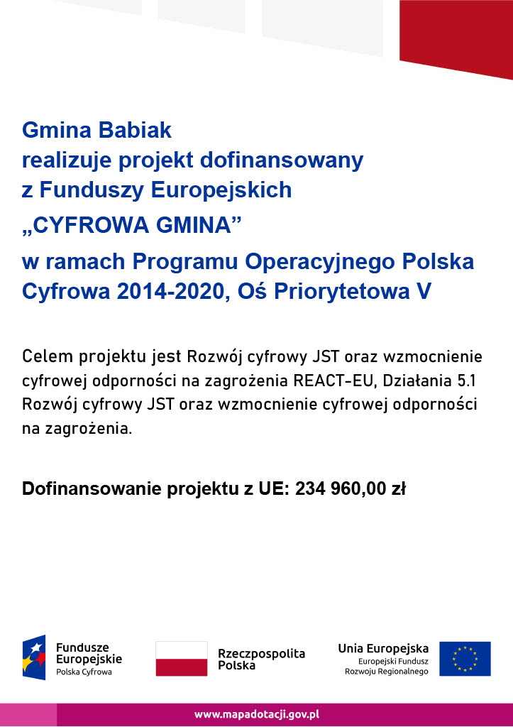 Informacja o realizacji przez Gminę Babiak projektu "Cyfrowa Gmina" w ramach Programu Operacyjnego Polska Cyfrowa 2014-2022, Oś priorytetowa V