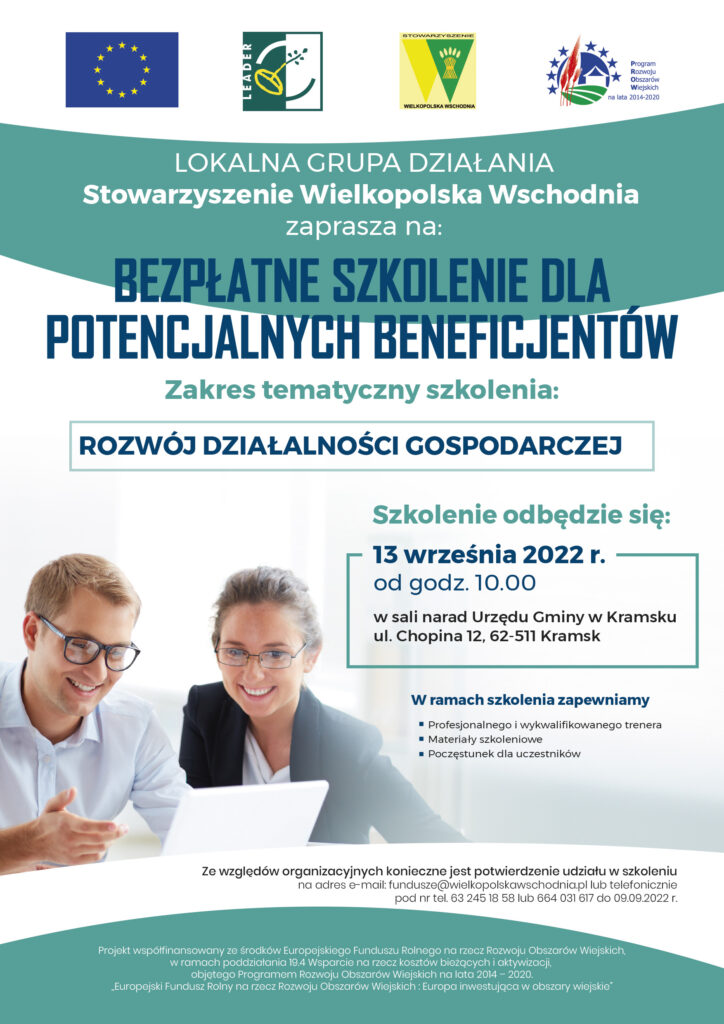 Materiał zewnętrzny - bezpłatne szkolenia dla potencjalnych beneficjentów - więcej informacji www.wielkopolskawschodnia.pl