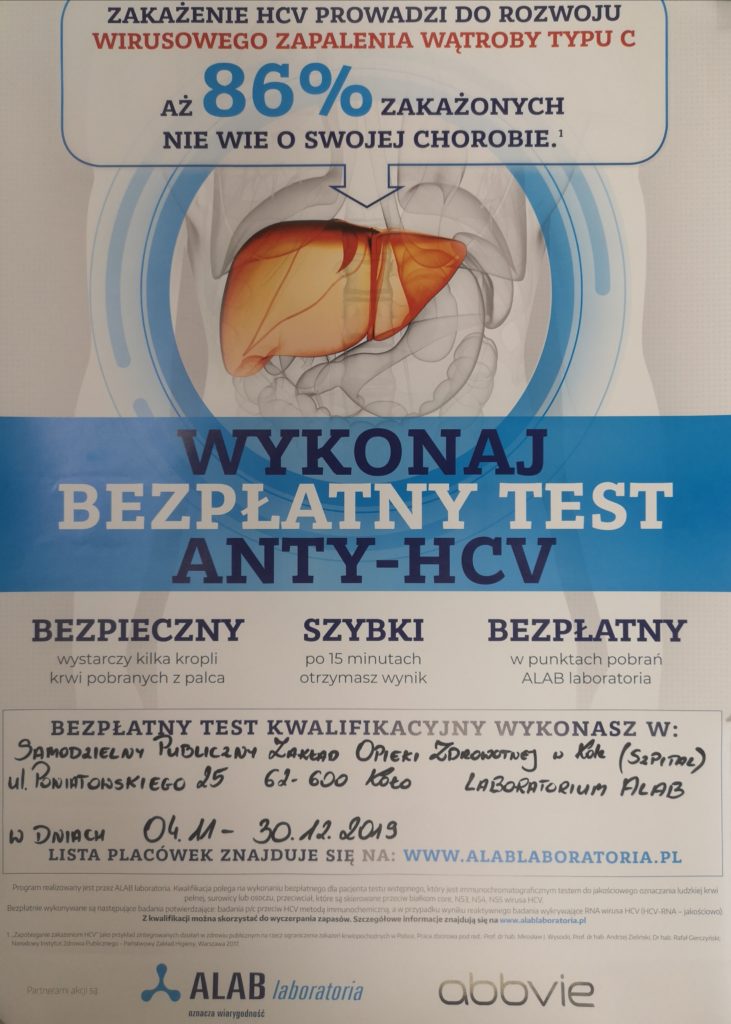 Bezpłatne testy ANTY-HCV Szpital w Koło, ul Poniatowskiego 25 od 4.11 do 30.12.2019 r.